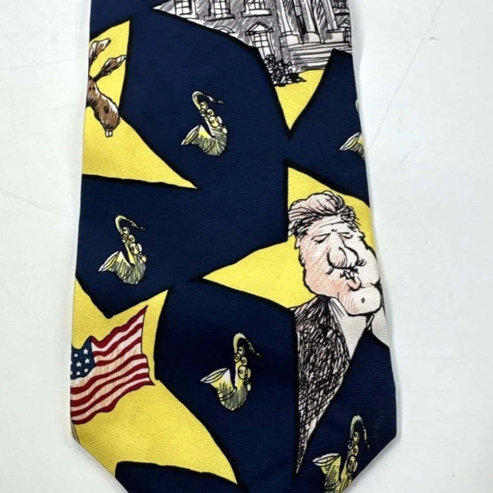 Democratic Political Tie Silk Mike Luckovich Bill Clinton Democrat Saxophone 90s